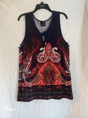 Lavender Sky Navy Paisley Print Tank Top with Red & Orange Accents